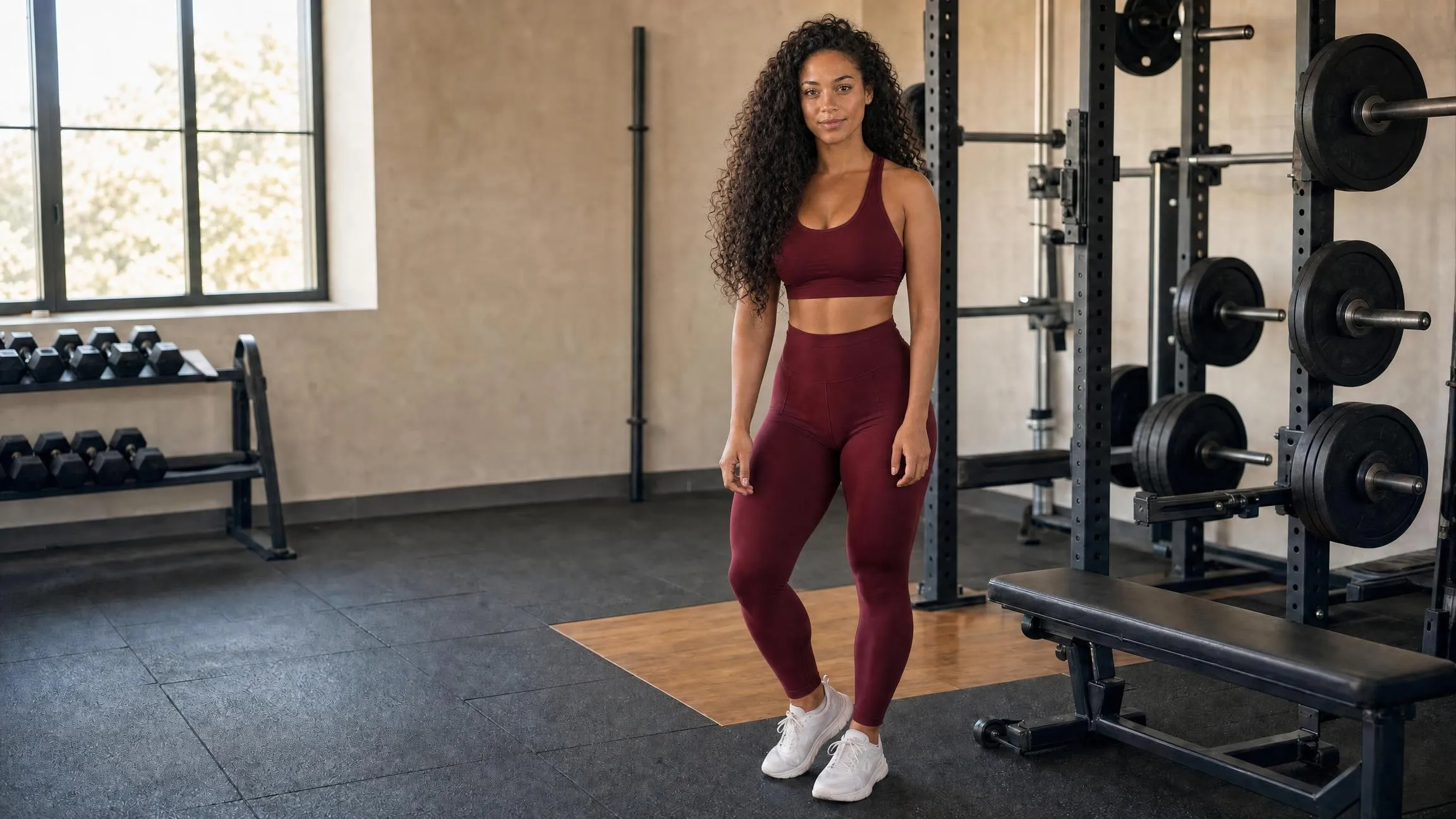 AI stand-in for Ariah, to be replaced. Ariah in the gym, wide environmental shot
