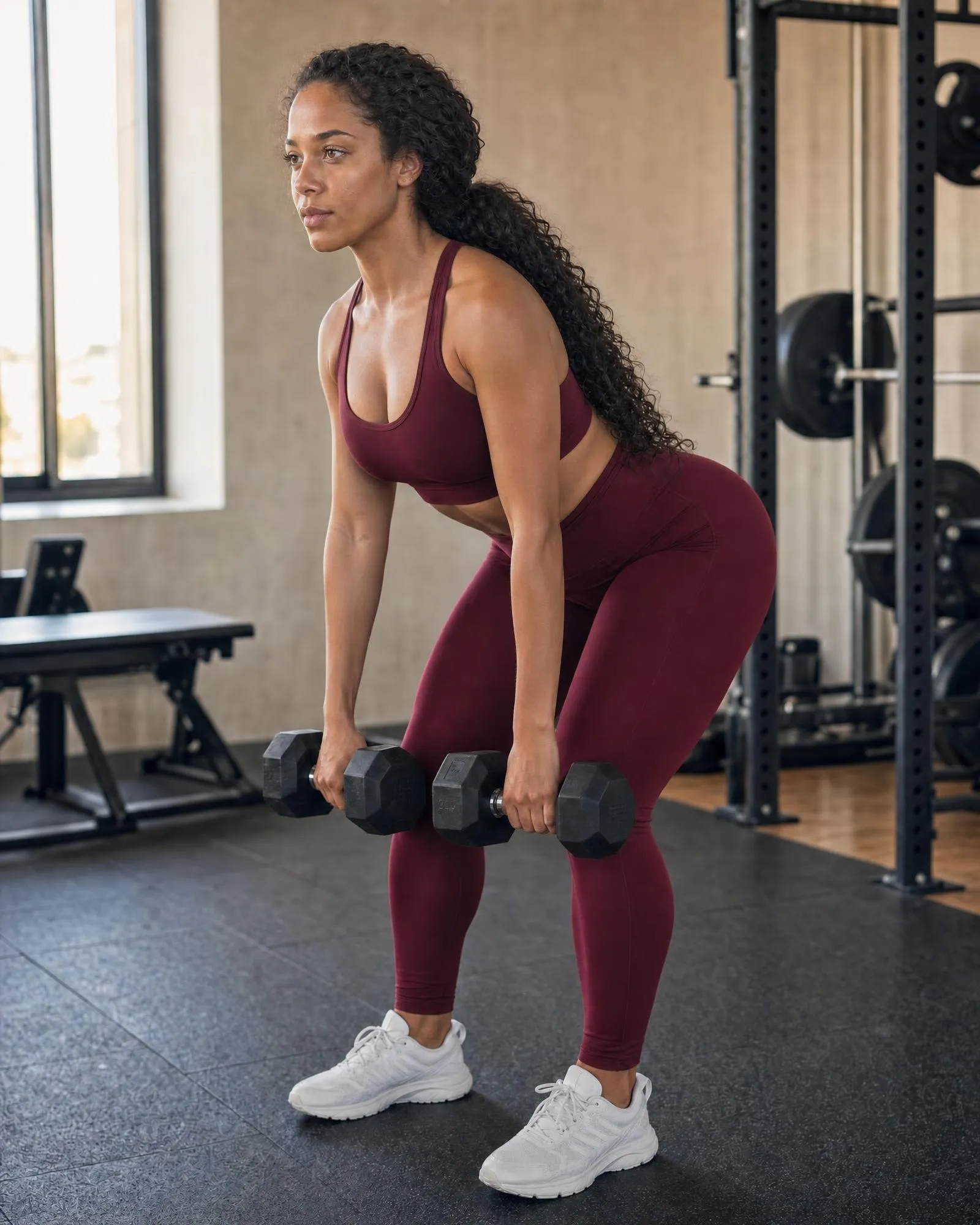 AI stand-in for Ariah, to be replaced. Ariah mid-rep on a compound lift, focused