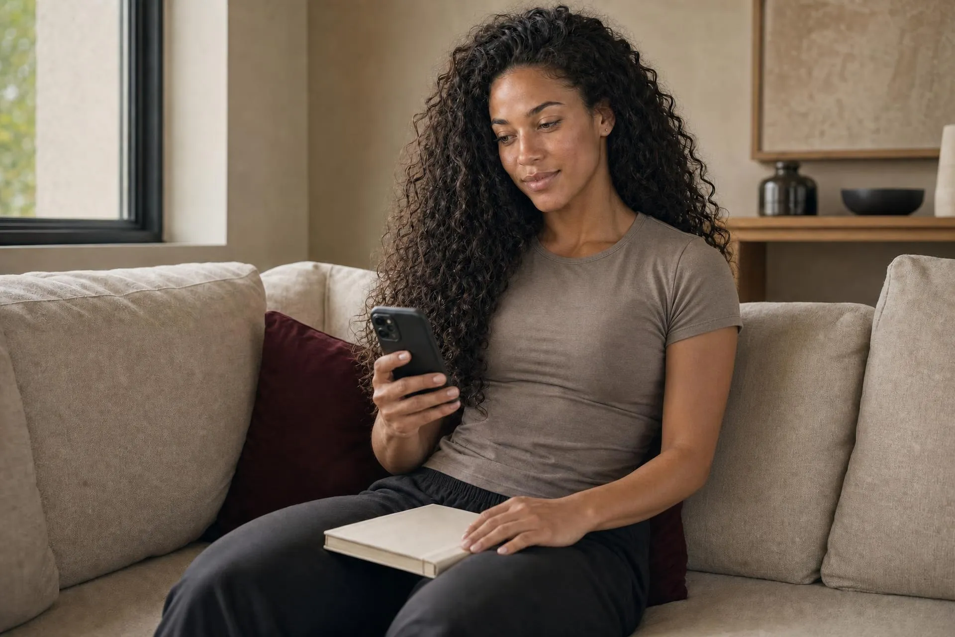 AI stand-in for Ariah, to be replaced. Ariah reviewing a client check-in on her phone