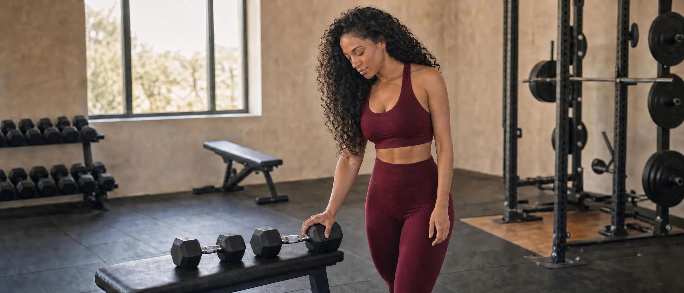 AI stand-in for Ariah, to be replaced. Ariah setting up dumbbells on a bench, wide crop
