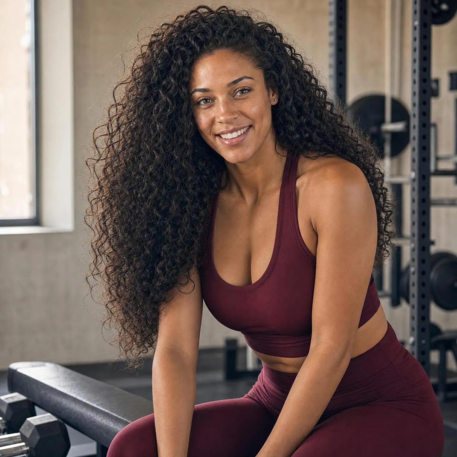 AI stand-in for Ariah, to be replaced. Candid close portrait of Ariah laughing in a gym