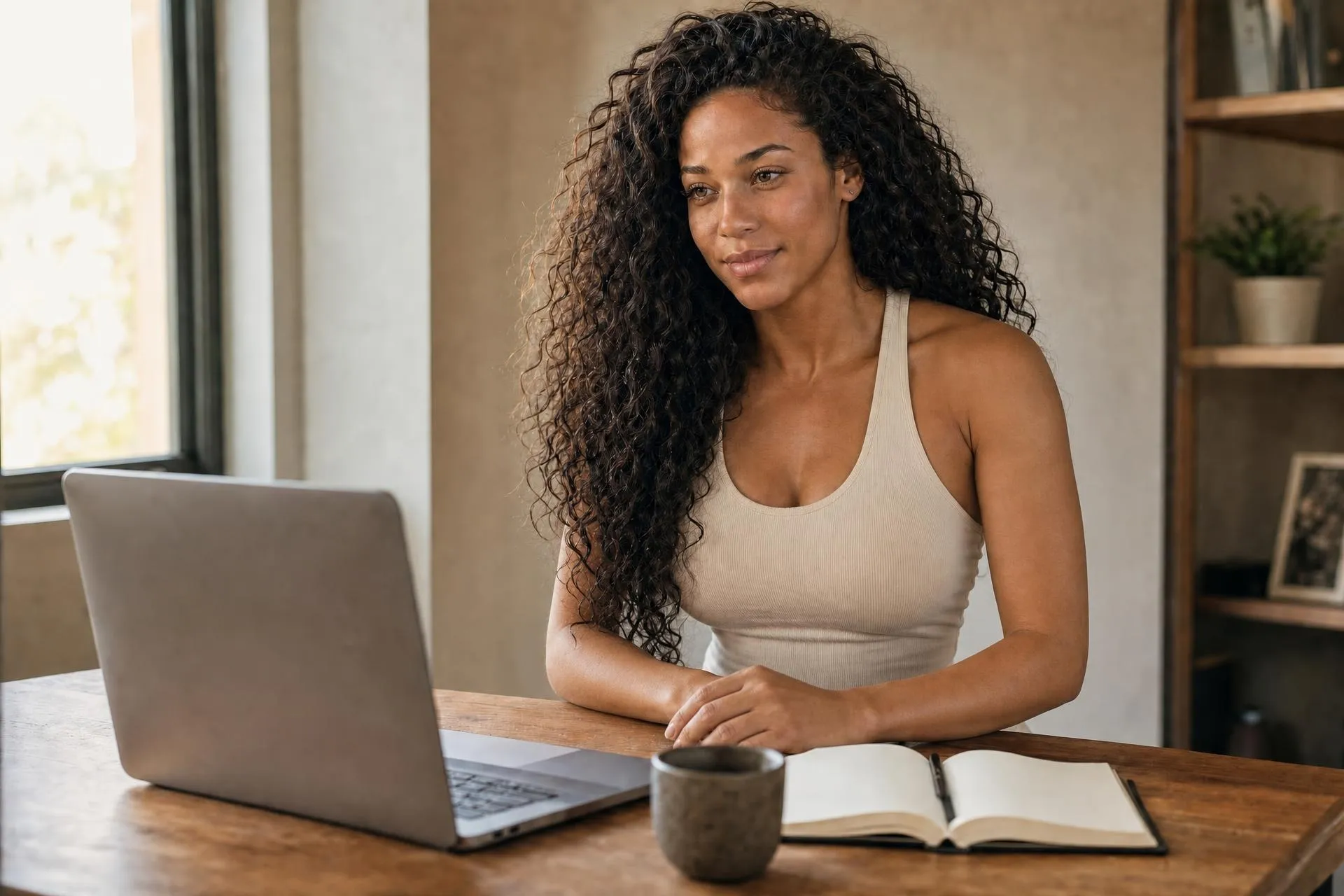 AI stand-in for Ariah, to be replaced. Ariah on a video call at her desk, smiling