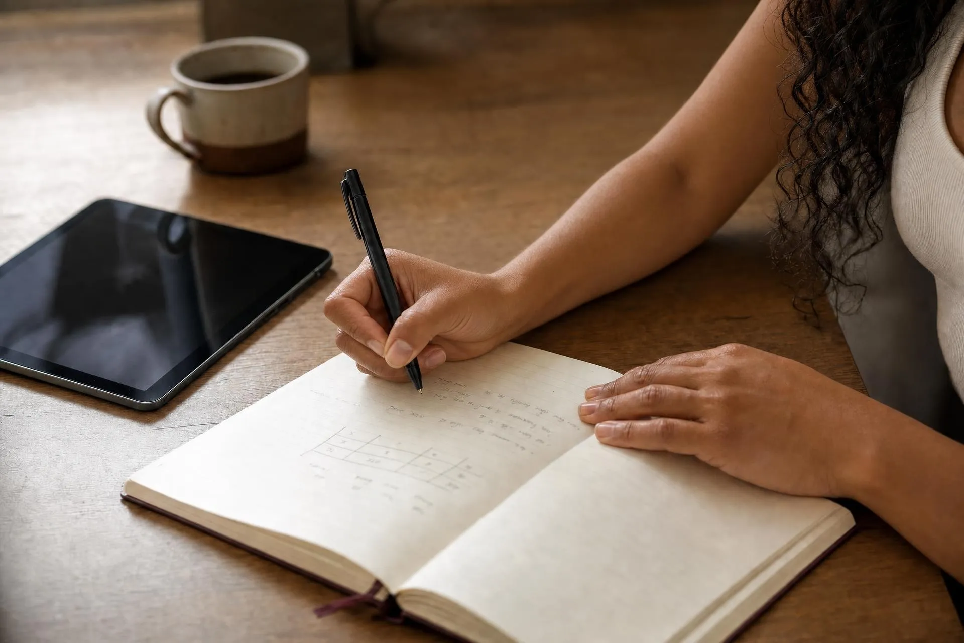 AI stand-in for Ariah, to be replaced. Ariah's hand writing a training program in a notebook